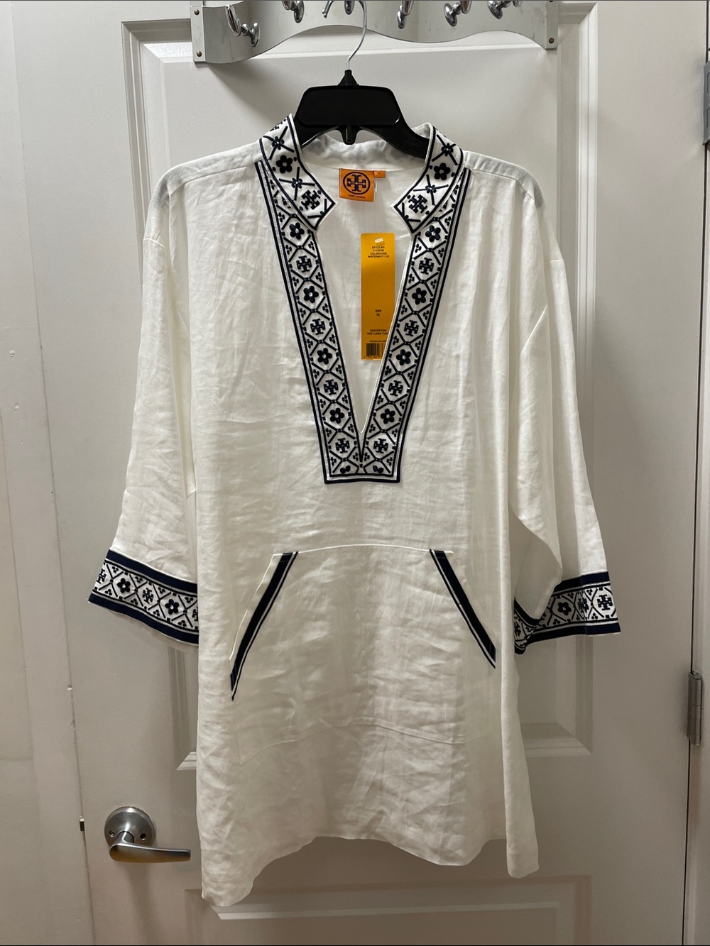 Tory Burch White Tunic with Navy Embroidered Trim